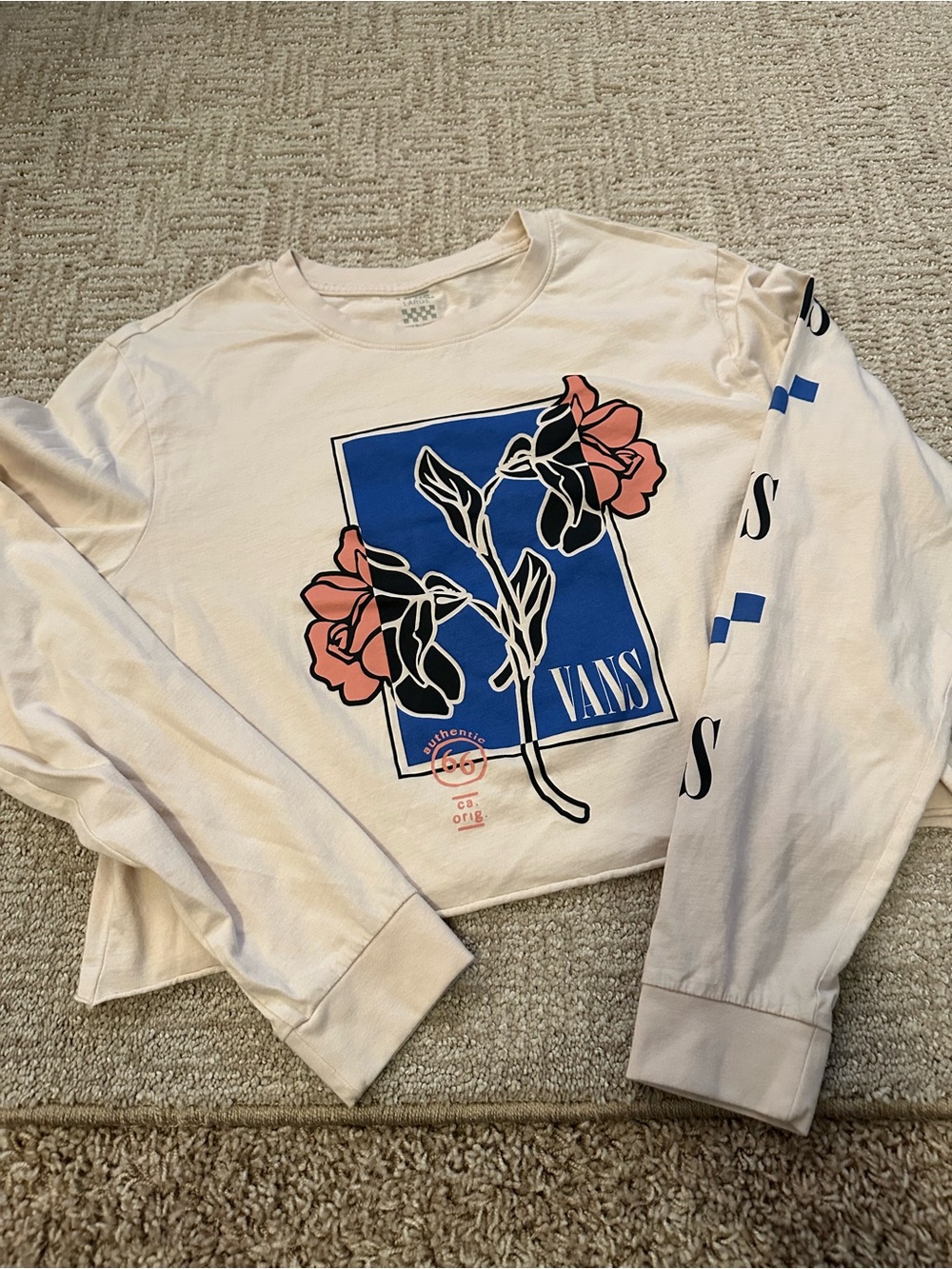 Vans Cream Long-Sleeve Crop Tee with Blue Graphic & Pink Roses Skater Double up
